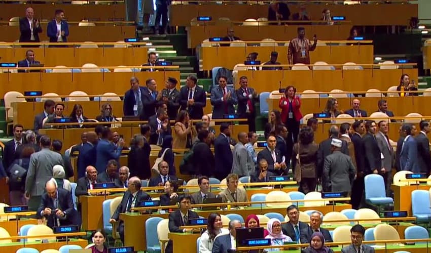 Diplomats walk out of UNGA hall before Netanyahu speech. Diplomats walk out of UNGA hall before Netanyahu speech.
