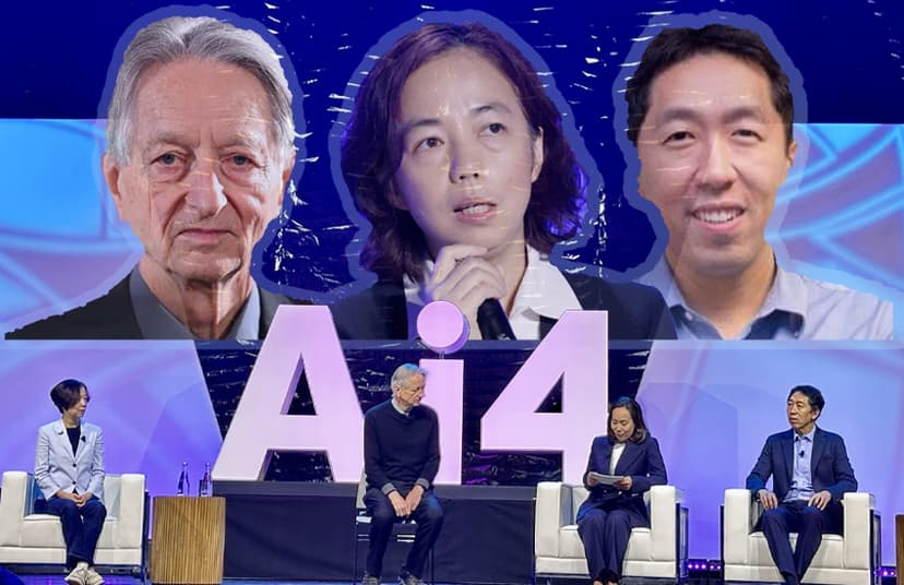 Geoff Hinton, Fri-Fei Li, and Andrew Ng at Ai4 2026 warn about AI fear mongering happening through big tech and big AI labs. Geoff Hinton, Fri-Fei Li, and Andrew Ng at Ai4 2026 warn about AI fear mongering happening through big tech and big AI labs.