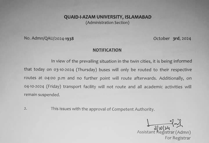 Islamabad School Closure Notification