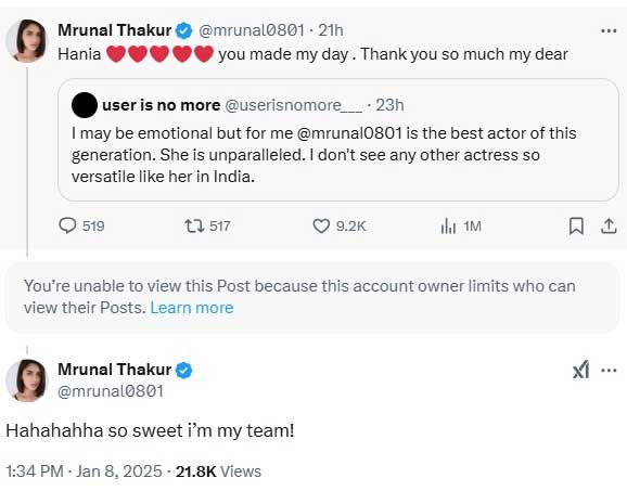 Mrunal Thakur Tweet